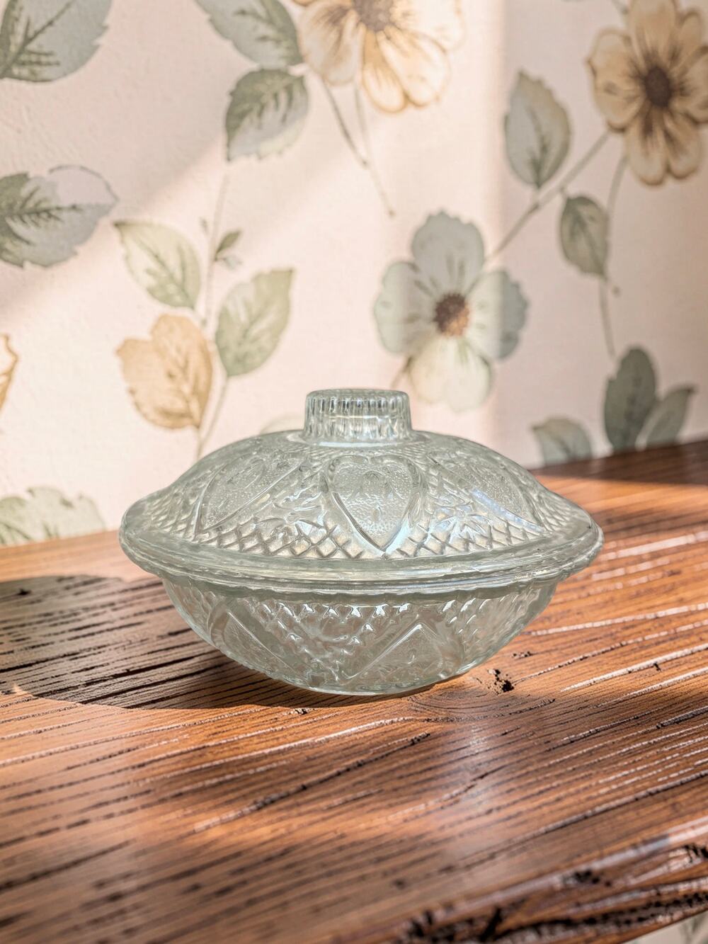 Vintage Clear Pressed Glass Covered Candy Dish Heart Floral Pattern Trinket Bowl